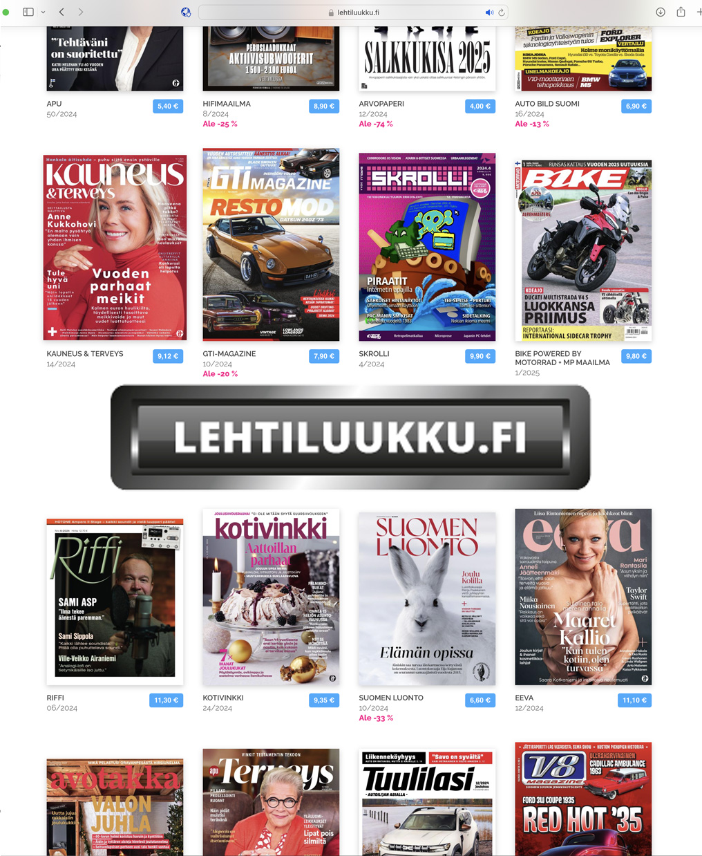 Lehtiluukku.fi:n digilehtivalikoima, joka esittelee useita aikakauslehtiä.