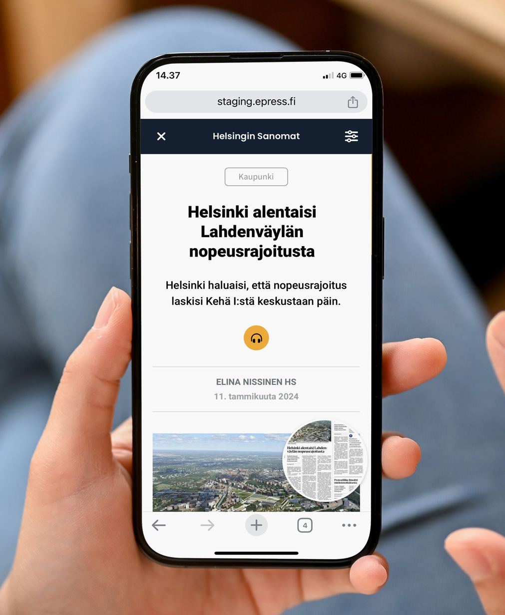 Helsingin Sanomien artikkeli mobiilinäytöllä, jossa aiheena Lahdenväylän nopeusrajoitus.