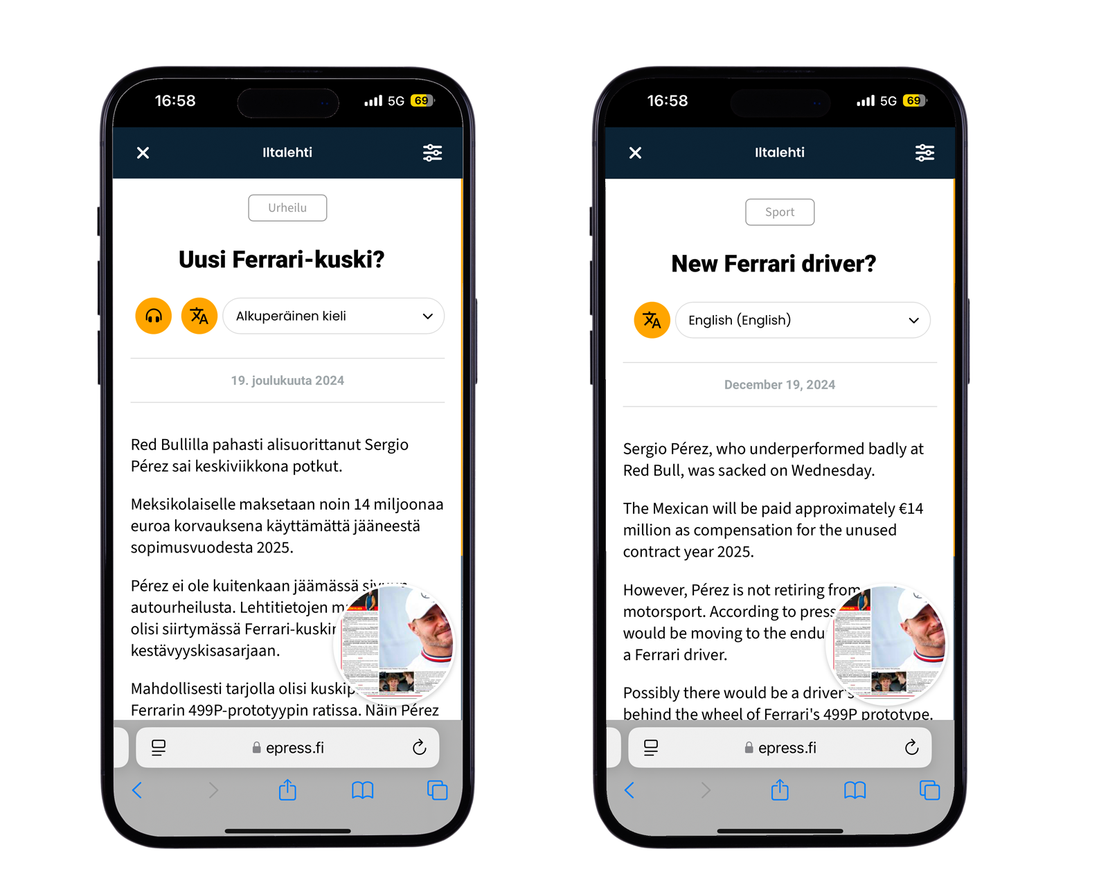 Vertailuartikkeli suomeksi ja englanniksi kahdella eri mobiilinäytöllä ePress-palvelussa.