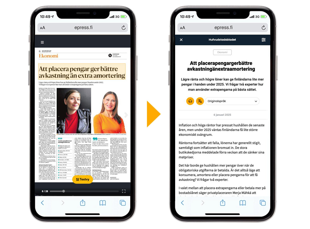 Kaksi näkymää älypuhelimesta: sanomalehti ja optimoitu tekstinäkymä ruotsiksi.