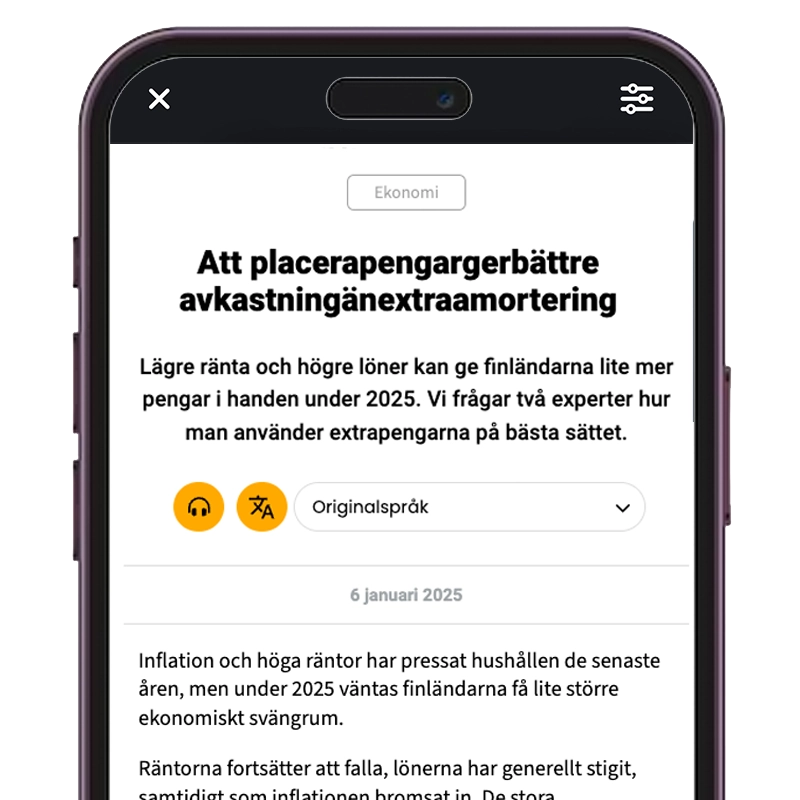 ePress-palvelun tekstinäkymä älypuhelimella talousartikkelin sisällöstä.